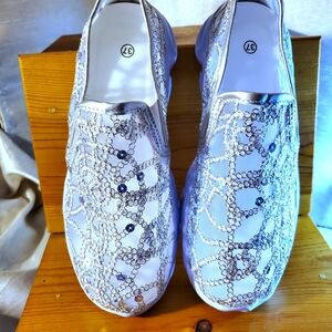 Silver and White Sequin Slip-On Shoes Women Metallic Sequined Mesh Slip-On Sneak